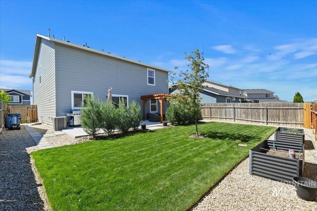 back of house featuring a pergola, a vegetable garden, a patio area, and cooling unit