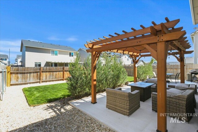 view of patio / terrace with a pergola, a fenced backyard, and outdoor lounge area
