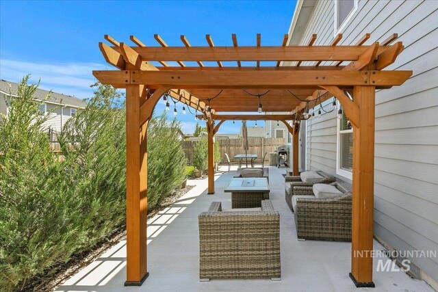 view of patio / terrace with a pergola, a fenced backyard, outdoor lounge area, area for grilling, and outdoor dining area