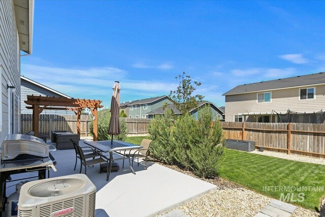 view of patio featuring cooling unit, a pergola, outdoor dining space, and a residential view