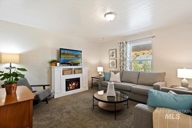 living area with carpet floors and a warm lit fireplace