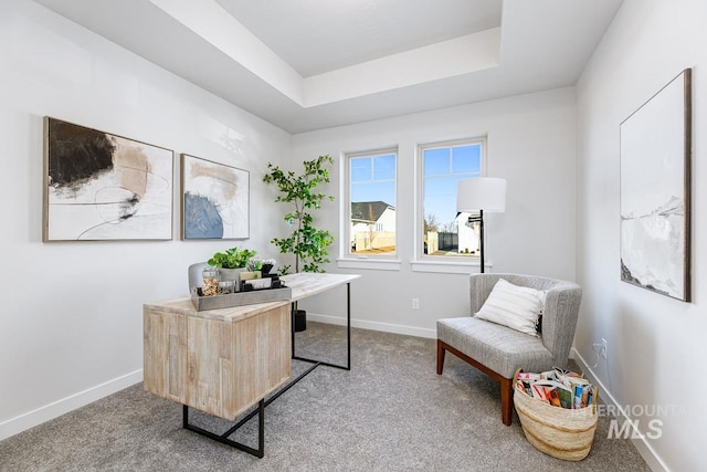 carpeted office featuring baseboards and a tray ceiling