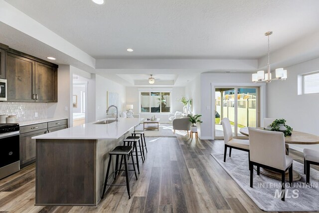 kitchen with dark brown cabinets, appliances with stainless steel finishes, a sink, light countertops, and open floor plan