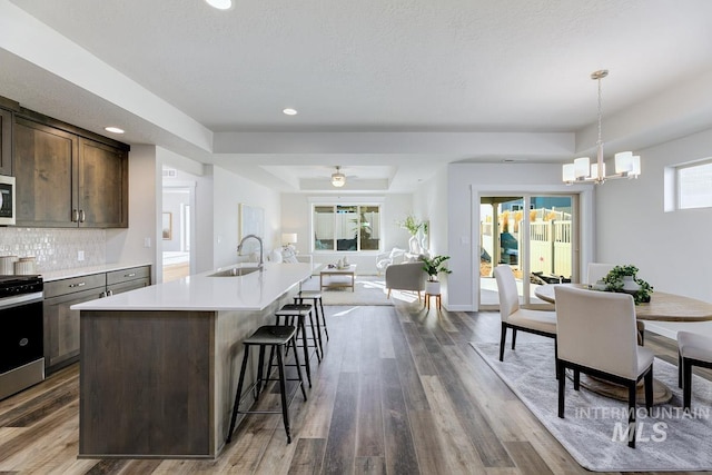 kitchen featuring dark wood-style flooring, stainless steel range, open floor plan, and a sink