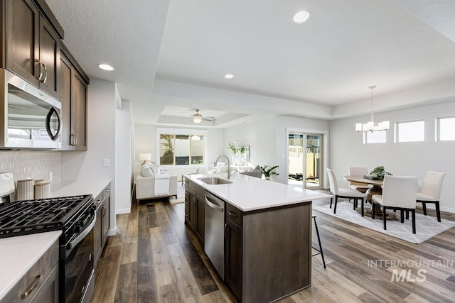 kitchen with a raised ceiling, appliances with stainless steel finishes, dark wood-style floors, and dark brown cabinets