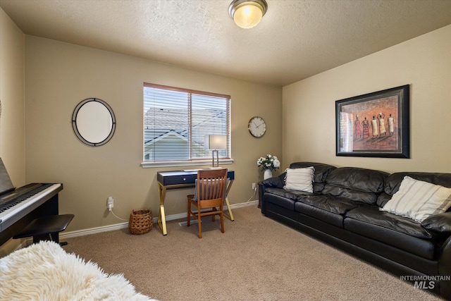 carpeted living room with a textured ceiling