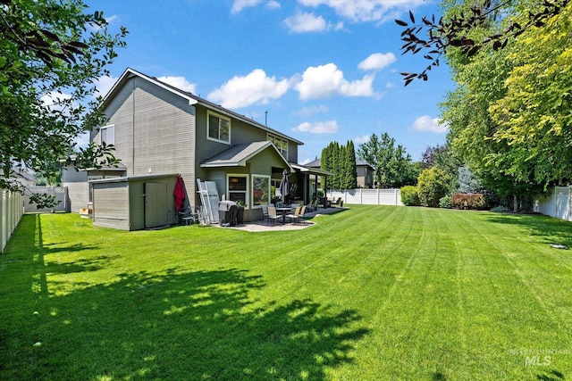 back of property with a yard, a patio area, and a storage shed