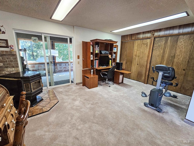 409 Garfield St, Asotin, WA 99402 - office space with a wood stove, a textured ceiling, carpet, and wood walls