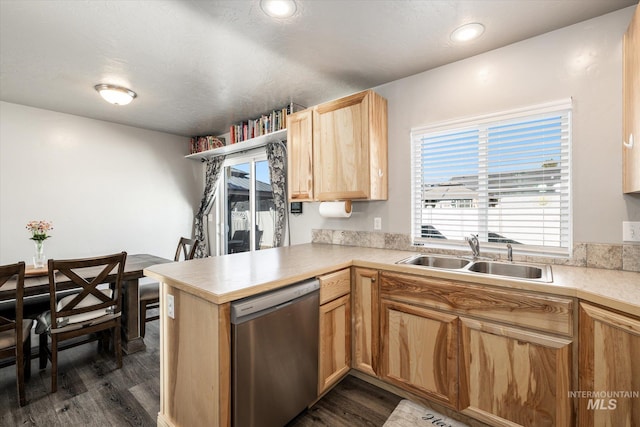 kitchen with kitchen peninsula, stainless steel dishwasher, dark hardwood / wood-style flooring, and sink