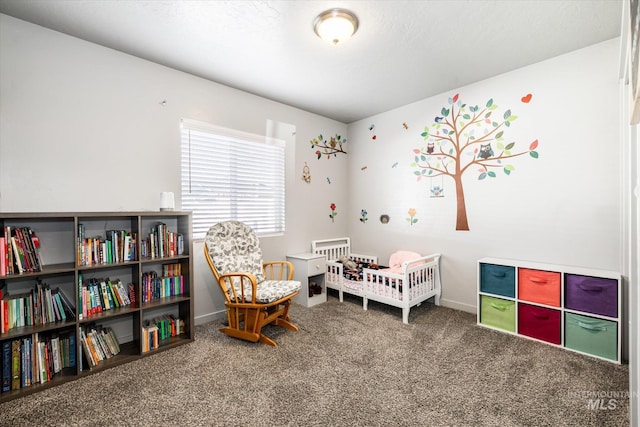 carpeted bedroom with a crib