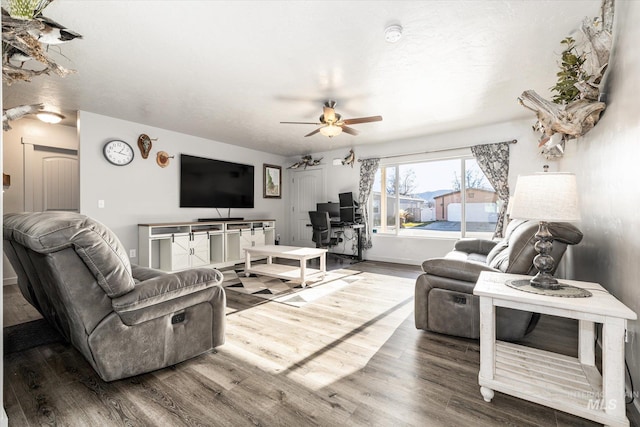 living room with hardwood / wood-style floors and ceiling fan