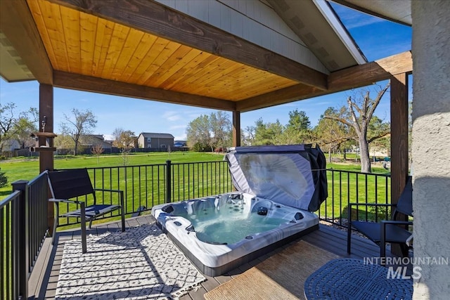 1640 S 5th W, Mountain Home, ID 83647 - wooden terrace featuring a covered hot tub and a lawn