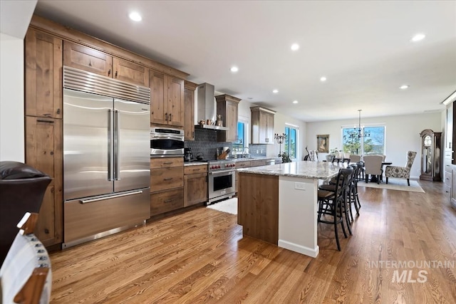 1640 S 5th W, Mountain Home, ID 83647 - kitchen featuring high end appliances, wall chimney exhaust hood, a center island, a breakfast bar, and light wood-style flooring