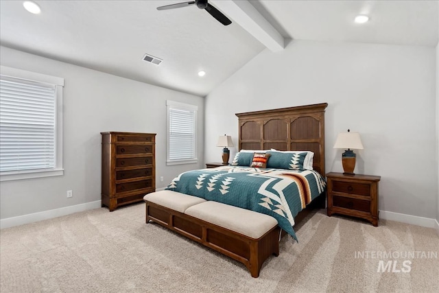 6811 W Los Flores Dr, Meridian, ID 83646 - bedroom featuring light carpet, baseboards, visible vents, lofted ceiling with beams, and ceiling fan
