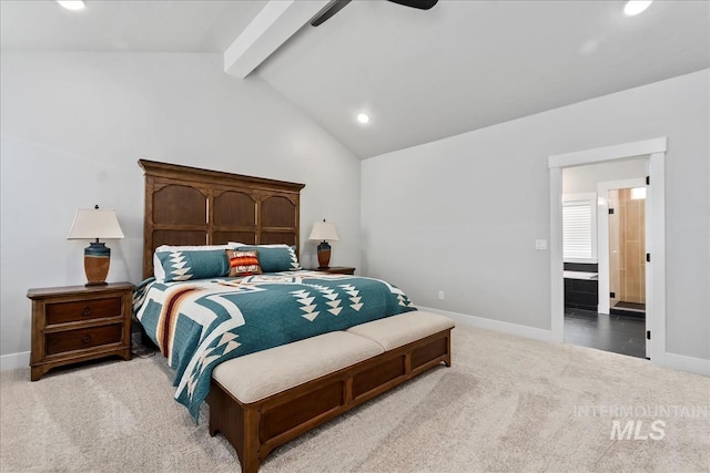 6811 W Los Flores Dr, Meridian, ID 83646 - carpeted bedroom featuring lofted ceiling with beams, recessed lighting, a ceiling fan, and baseboards
