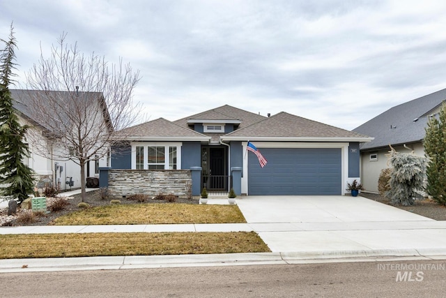 7007 N Exeter Pl, Meridian, ID 83646 - view of front of property featuring a garage, roof with shingles, driveway, and stucco siding