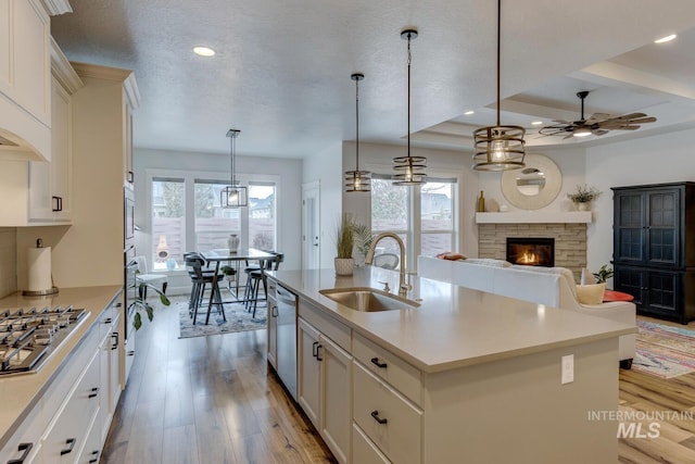 kitchen featuring stainless steel appliances, a fireplace, a sink, light wood finished floors, and an island with sink