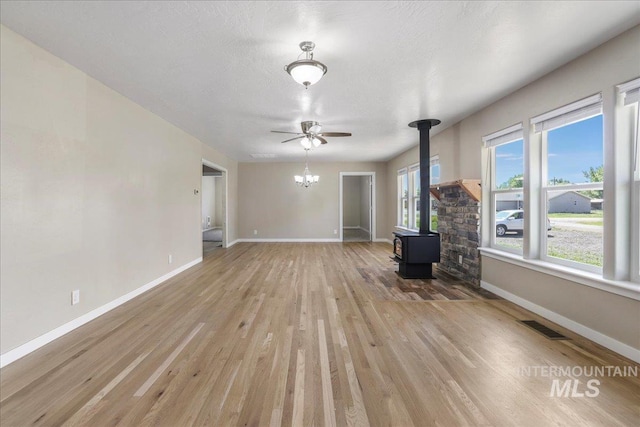 180 E Elmore, Richfield, ID 83349 - unfurnished living room featuring a wood stove, light wood-style flooring, and ceiling fan