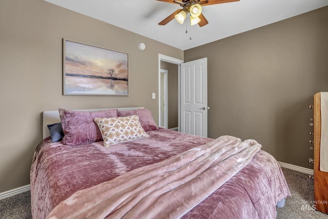 carpeted bedroom with baseboards and a ceiling fan