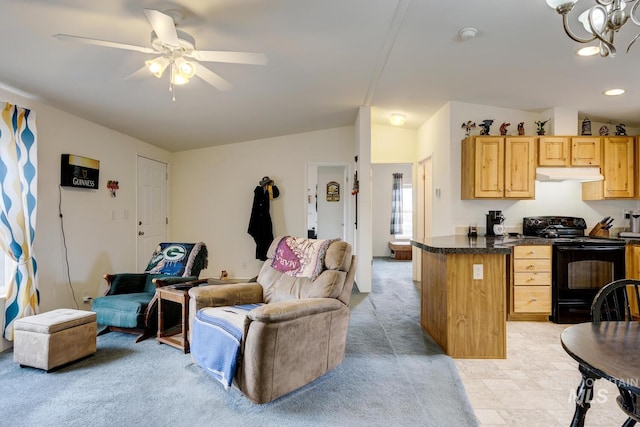 11755 E Cleft Rd, Mountain Home, ID 83647 - living room with ceiling fan, light colored carpet, lofted ceiling, and recessed lighting