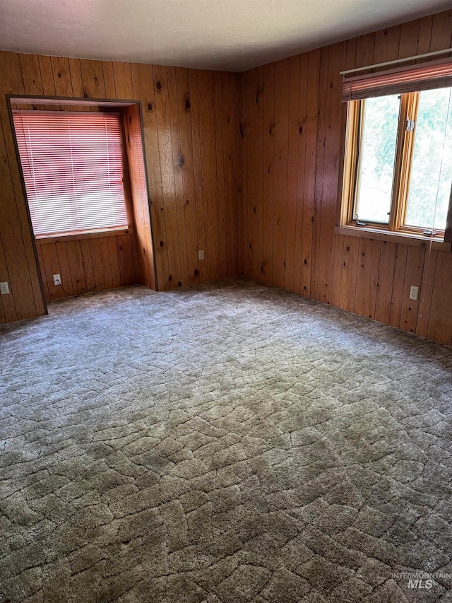 carpeted empty room with wooden walls and a textured ceiling