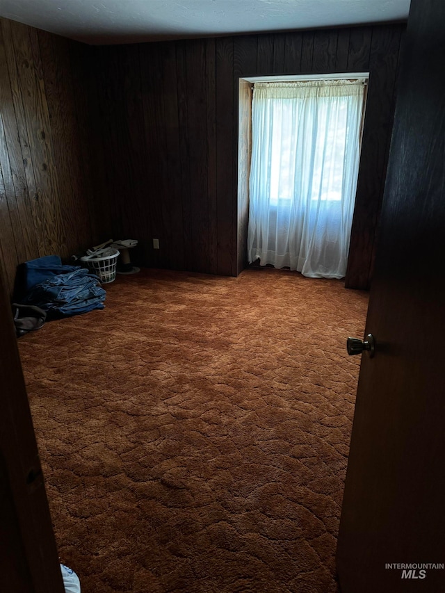 carpeted spare room with wood walls