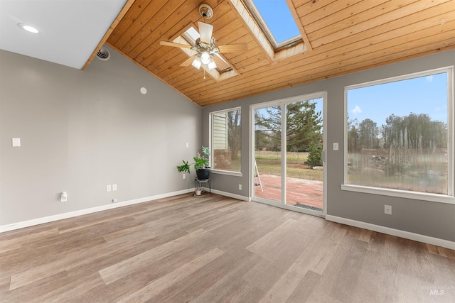 empty room featuring ceiling fan, baseboards, vaulted ceiling with skylight, wooden ceiling, and wood finished floors