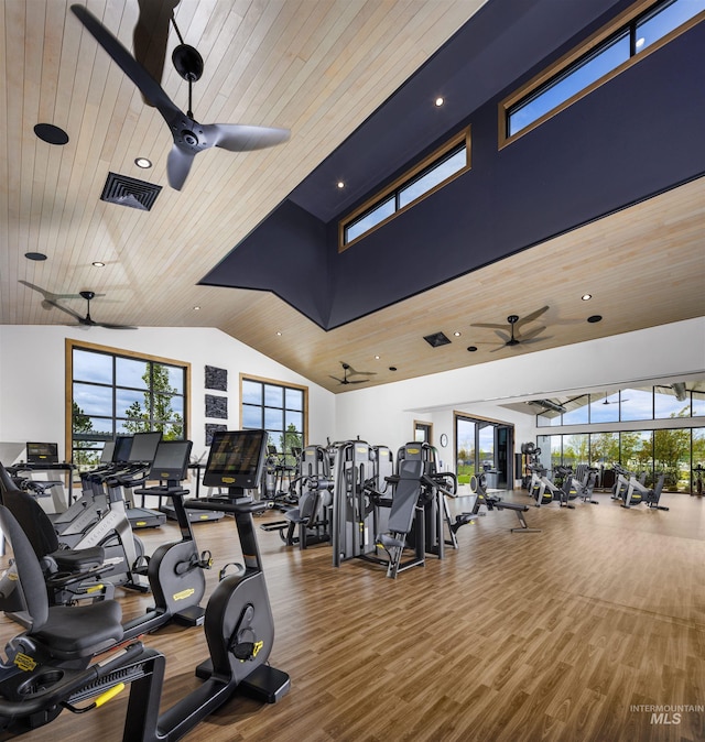 11801 W Reining Horse Ln, Kuna, ID 83634 - gym featuring a ceiling fan, plenty of natural light, wood finished floors, high vaulted ceiling, and wood ceiling