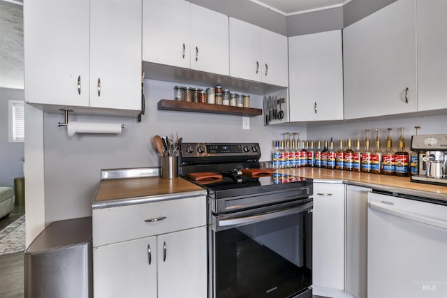 168 W Heyburn Ave, Twin Falls, ID 83301 - kitchen with stainless steel range with electric cooktop, dishwasher, white cabinets, and open shelves