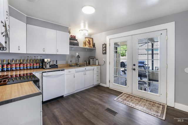 168 W Heyburn Ave, Twin Falls, ID 83301 - kitchen with dishwasher, french doors, dark wood-style floors, white cabinetry, and wooden counters