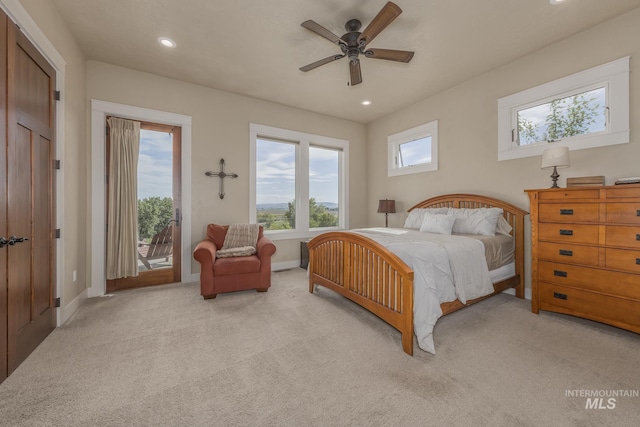 bedroom with access to exterior, light colored carpet, recessed lighting, baseboards, and a ceiling fan