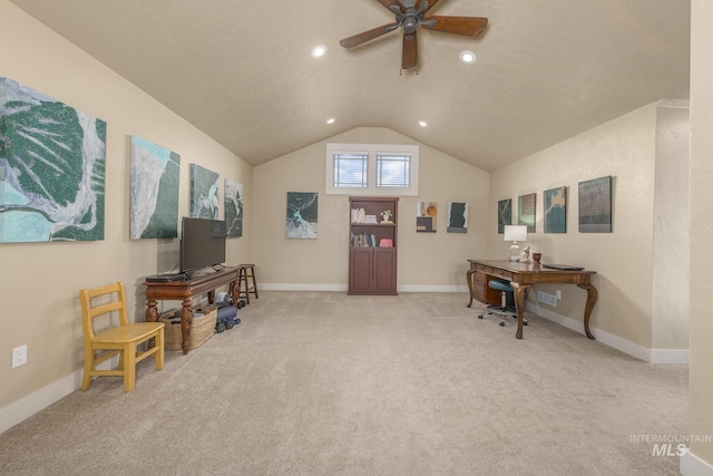 sitting room featuring lofted ceiling, a ceiling fan, carpet, baseboards, and recessed lighting