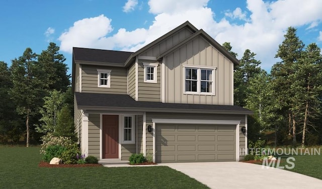 view of front of property featuring an attached garage, a front yard, board and batten siding, and concrete driveway