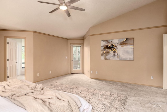 4335 W Quail Ridge Dr, Boise, ID 83703 - unfurnished bedroom featuring access to outside, carpet floors, vaulted ceiling, a ceiling fan, and ensuite bathroom