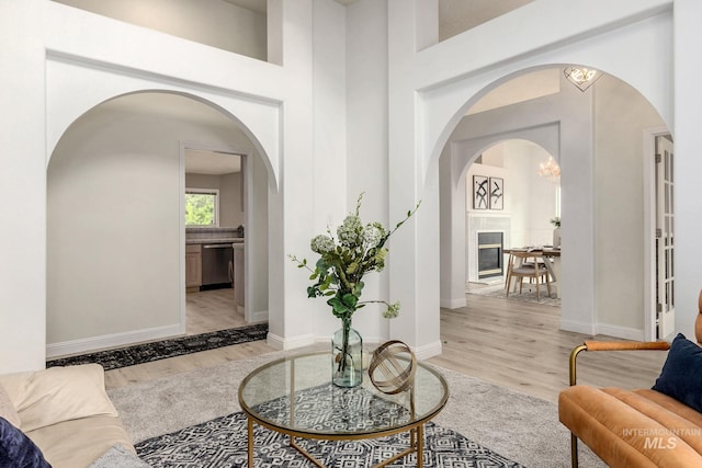 4335 W Quail Ridge Dr, Boise, ID 83703 - living room with light wood-style floors, a glass covered fireplace, and arched walkways