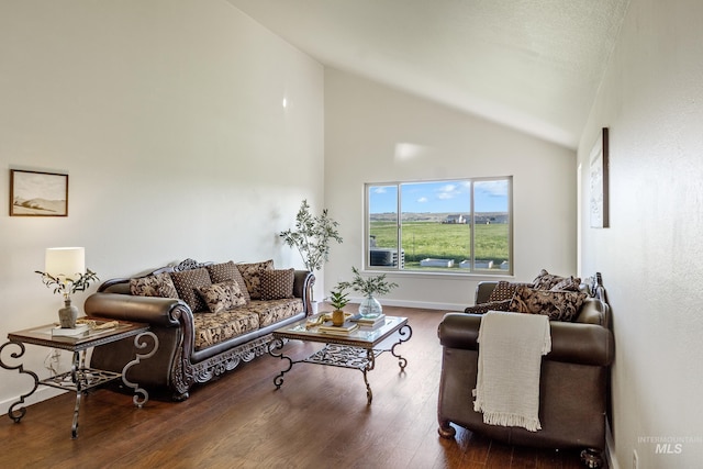 living room with wood finished floors, baseboards, and lofted ceiling