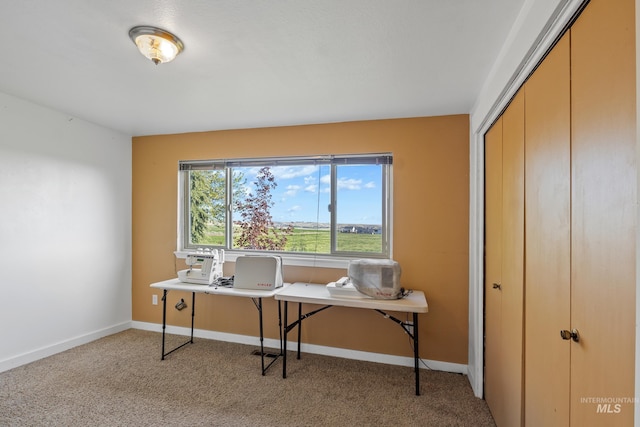 office space featuring baseboards and light carpet