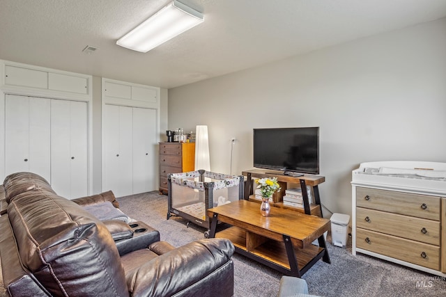 carpeted living room featuring visible vents