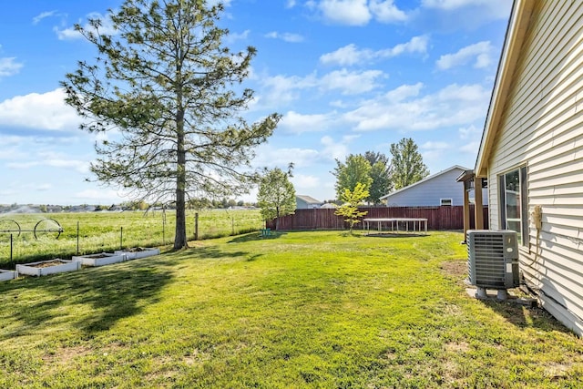 view of yard featuring a fenced backyard, cooling unit, and a garden