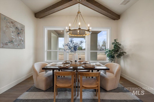 dining area with baseboards, beam ceiling, and a chandelier