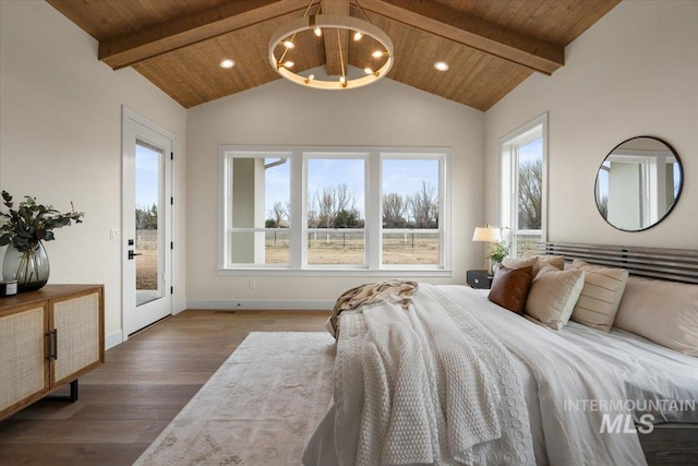 bedroom featuring access to outside, wood finished floors, an inviting chandelier, wooden ceiling, and vaulted ceiling with beams