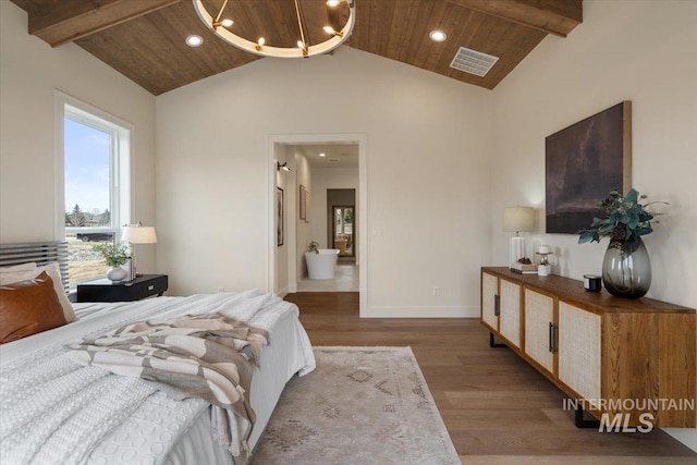 bedroom featuring wood finished floors, beam ceiling, an inviting chandelier, and wooden ceiling