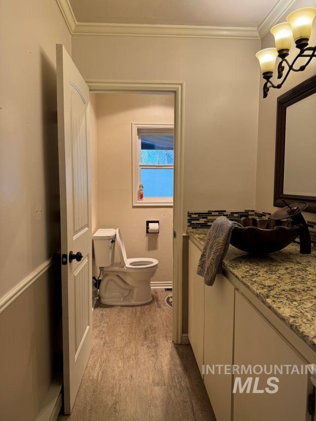 bathroom with hardwood / wood-style floors, vanity, toilet, and crown molding