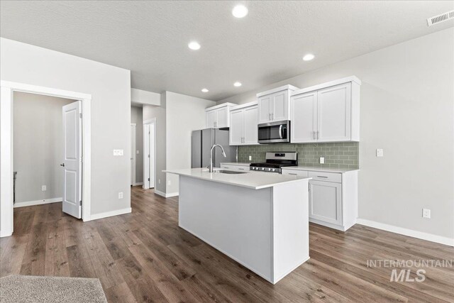 4084 E Blueberry St, Meridian, ID 83642 - kitchen featuring stainless steel appliances, decorative backsplash, a kitchen island with sink, dark wood-style floors, and light countertops