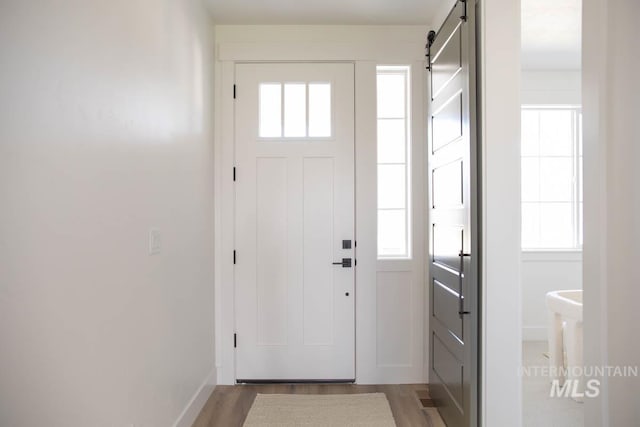 entryway with a barn door and dark hardwood / wood-style flooring