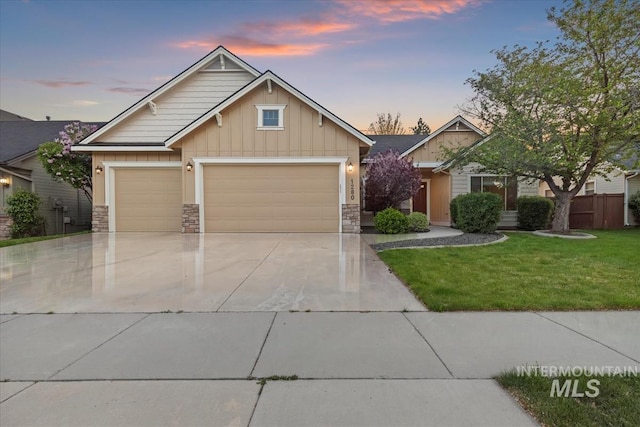 1280 W Bacall St, Meridian, ID 83646 - craftsman inspired home featuring board and batten siding, a front lawn, concrete driveway, and stone siding