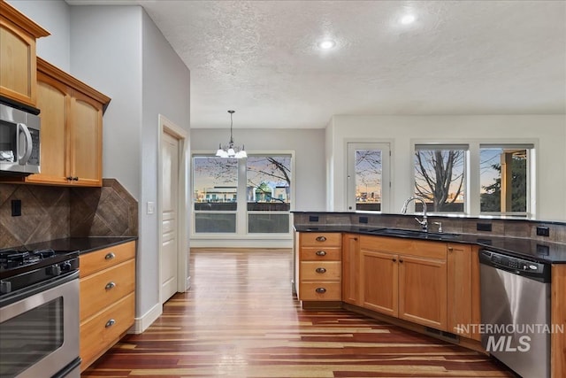 1280 W Bacall St, Meridian, ID 83646 - kitchen featuring tasteful backsplash, a sink, stainless steel appliances, an inviting chandelier, and dark wood-style flooring