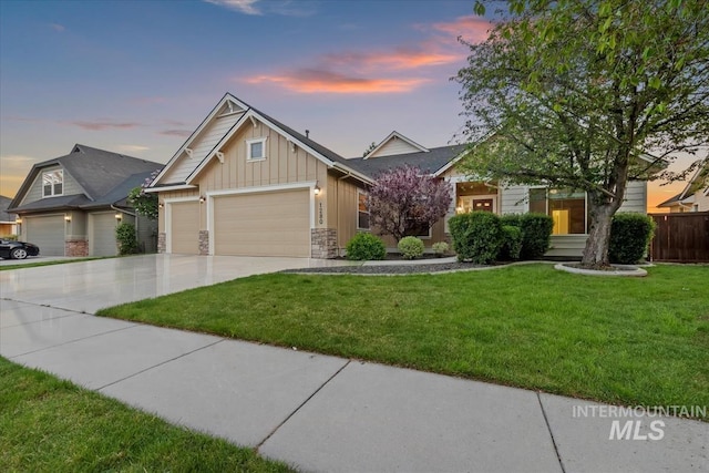 1280 W Bacall St, Meridian, ID 83646 - craftsman inspired home with driveway, board and batten siding, an attached garage, fence, and a yard