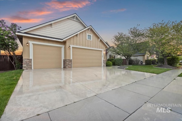 1280 W Bacall St, Meridian, ID 83646 - craftsman house with a garage, board and batten siding, concrete driveway, and stone siding