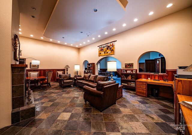 186 Ridgeview Dr, Grangeville, ID 83530 - living area featuring recessed lighting, a towering ceiling, and stone finish flooring